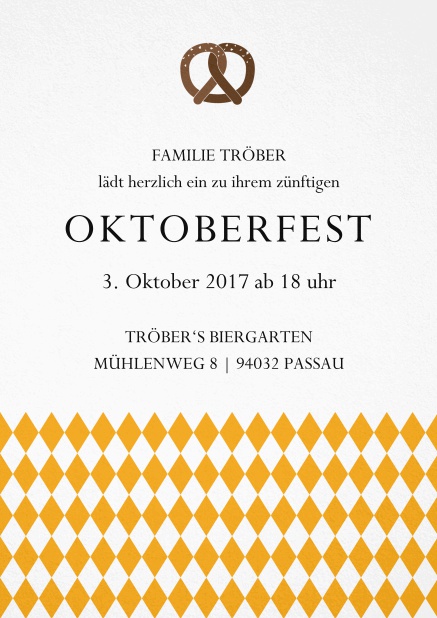 Einladungskarte zur Biergartenparty mit Bretzel und bayerische Fahne Gelb.
