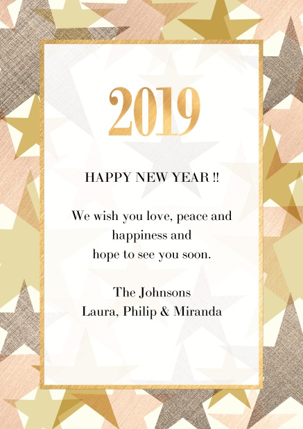 Online Happy New Year card with frame full of colorful stars with 2019.