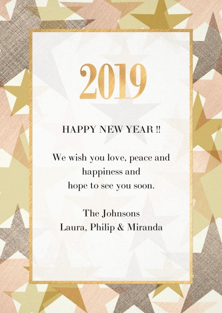 Happy New Year card with frame full of colorful stars with 2019.