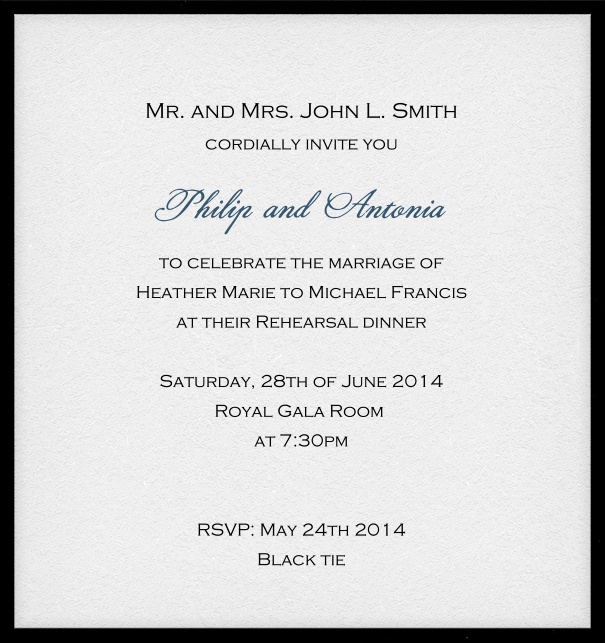 Online invitation card with customizable frame and text. Black.
