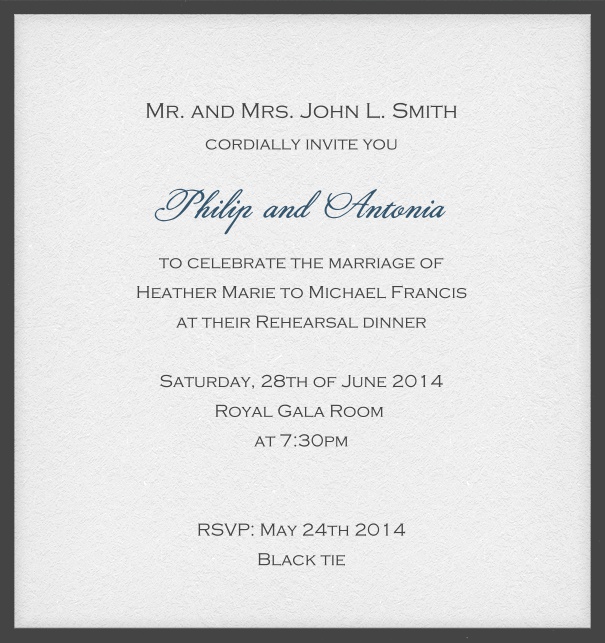 Online invitation card with customizable frame and text. Grey.