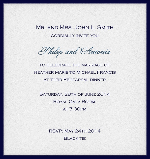 Online invitation card with customizable frame and text. Navy.
