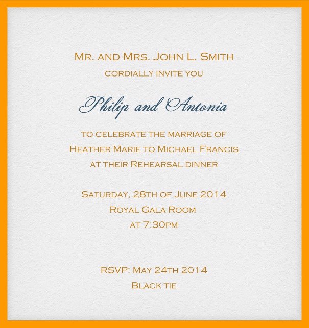 Online invitation card with customizable frame and text. Orange.