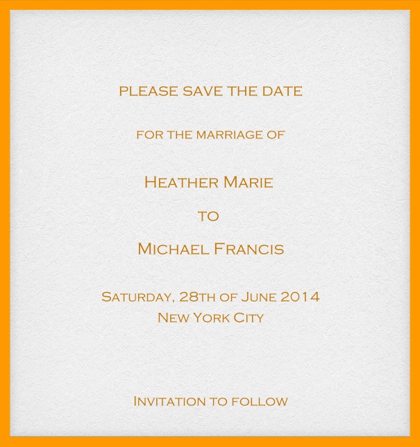 Online save the date card with customizable frame and text. Orange.