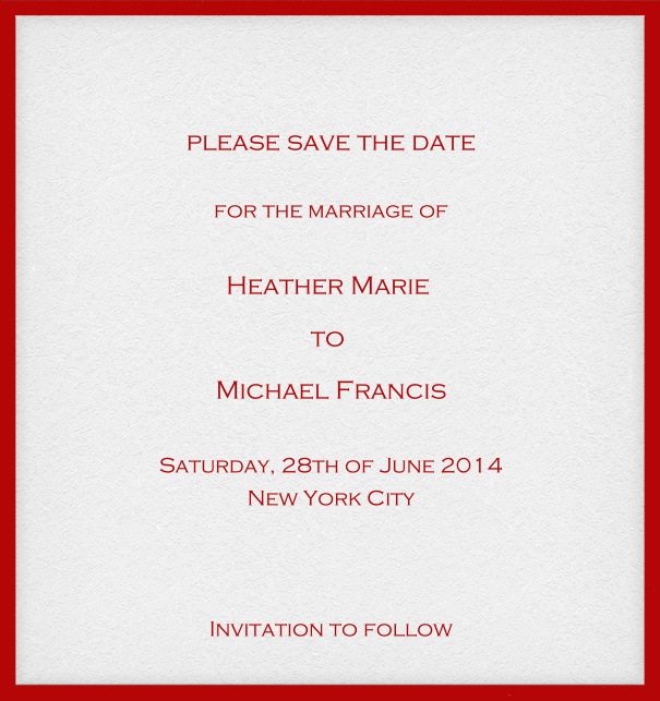 Online save the date card with customizable frame and text. Red.
