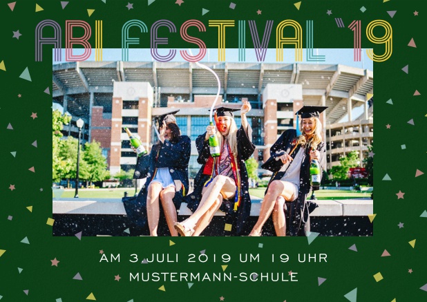 Abi 2019 bunt - Grün - Abifest Abi-Festival Einladungskarte mit buntem Text und Fotooption. Grün.