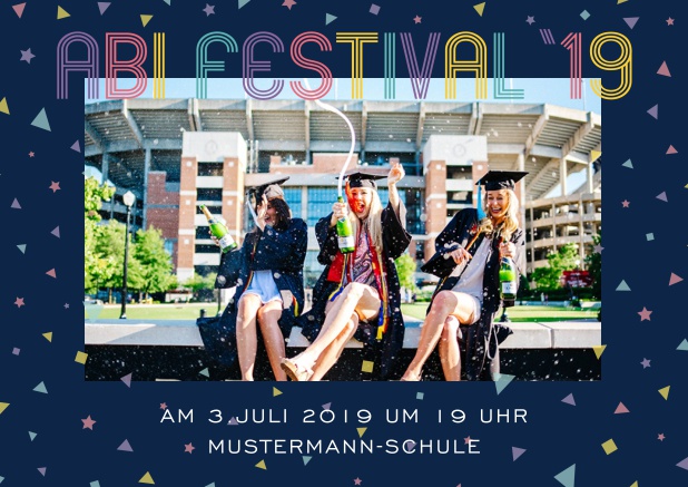 Abi 2019 bunt - Marine - Abifest Abi-Festival Online Einladungskarte mit buntem Text und Fotooption. Marine.