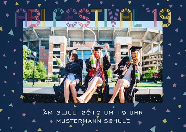 Abi 2019 bunt - Marine - Abifest Abi-Festival Einladungskarte mit buntem Text und Fotooption. Marine.