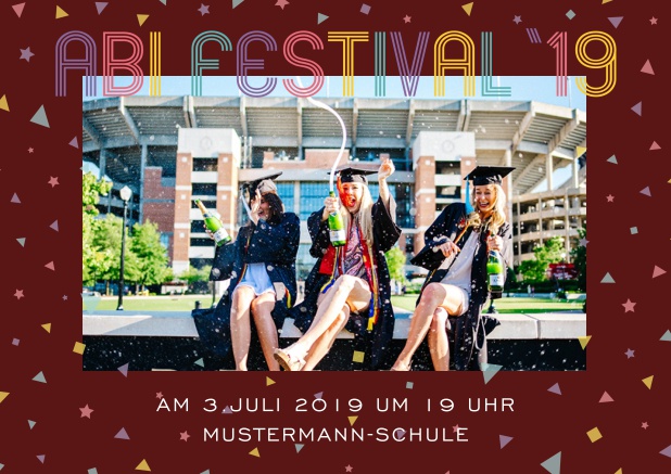 Abi 2019 bunt - Rot - Abifest Abi-Festival Online Einladungskarte mit buntem Text und Fotooption. Rot.