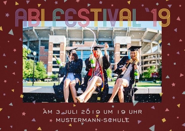 Abi 2019 bunt - Rot - Abifest Abi-Festival Einladungskarte mit buntem Text und Fotooption. Rot.