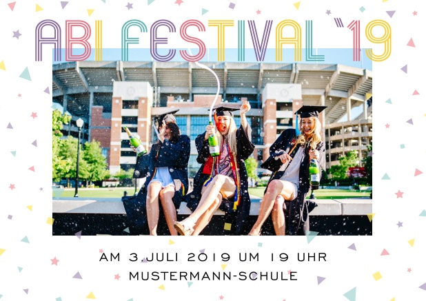 Abi 2019 bunt - Weiss - Abifest Abi-Festival Online Einladungskarte mit buntem Text und Fotooption. Weiss.