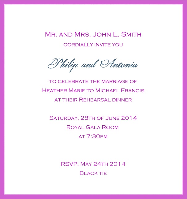 Classic invitation card with white paper and fine frame in color of your choice. Pink.