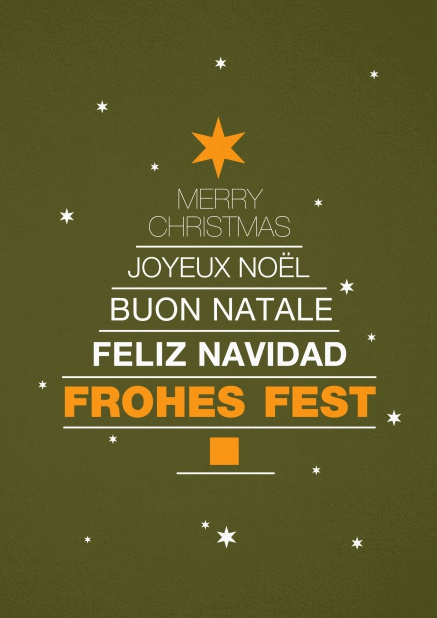 Grüne Weihnachtskarte mit Sternchen und Weihnachtsbaum voller gestalteter Frohes Fest Text