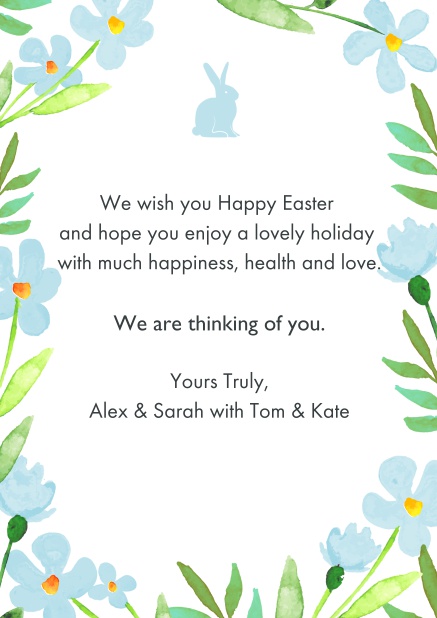 Send virtual best wishes for Easter with this lovely Easter card with Easter Bunny and spring flowers Blue.
