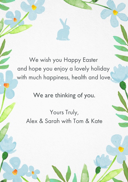 Send best wishes for Easter with this lovely Easter card with Easter Bunny and spring flowers Blue.
