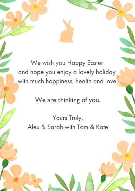 Send virtual best wishes for Easter with this lovely Easter card with Easter Bunny and spring flowers Orange.