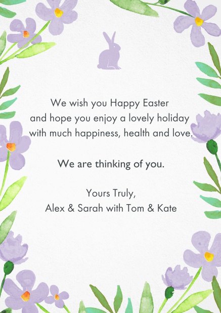 Send best wishes for Easter with this lovely Easter card with Easter Bunny and spring flowers Purple.