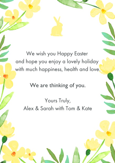 Send virtual best wishes for Easter with this lovely Easter card with Easter Bunny and spring flowers Yellow.