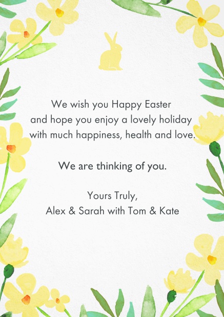 Send best wishes for Easter with this lovely Easter card with Easter Bunny and spring flowers Yellow.
