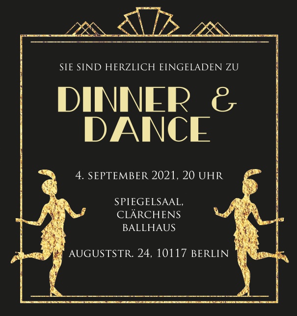Online Einladungskarte für Cabaret oder Golden Zwanziger mit tanzenden Frauen in Gold.