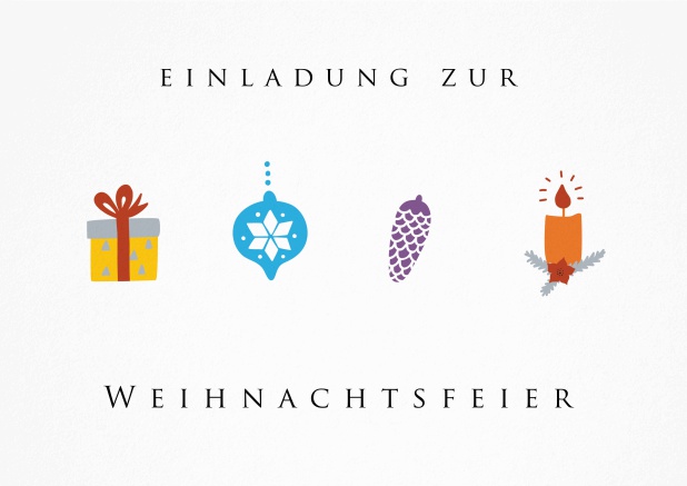 Weihnachtsfeier Einladungskarte mit buntem Weihnachtsschmuck