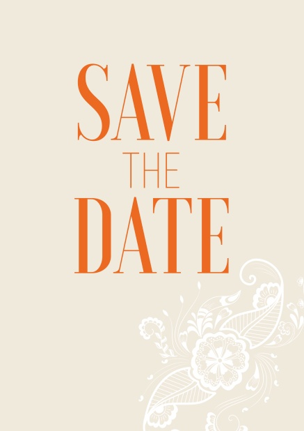 Online Save the Date Karte mit gestaltetem orangenen Text auf beiger Karte