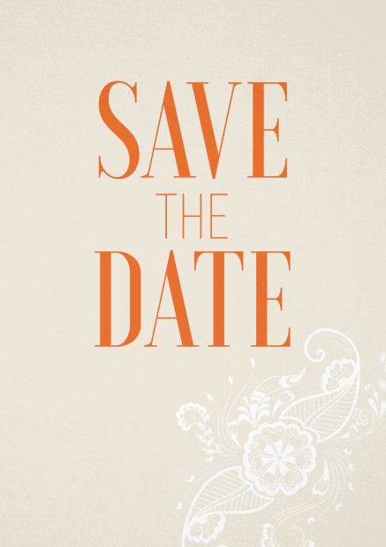 Save the Date card with illustrated orange text on beige card