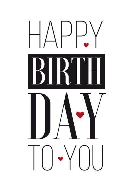 Online Birthday Card with large black Happy Birthday text with red hearts.