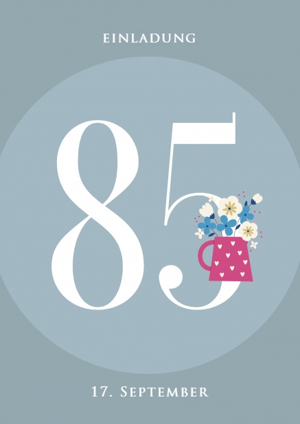 Online Einladungskarte mit 85 und pinker Kanne mit Blumchen Silber.
