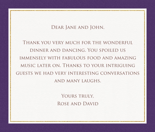 Online classic correspondence card with gold border and orange frame. Purple.