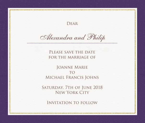 White Formal Wedding Party Save the Date Card with Red Border. Purple.