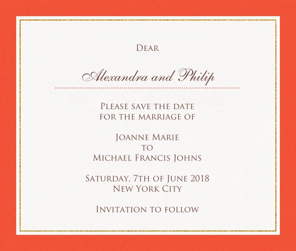 Online Hochzeits Save the Date mit orangenem Rahmen, Goldrand und persönlicher Anrede des Gastes. Rot.