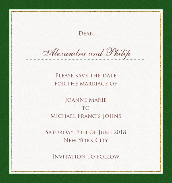 High White Formal Wedding Party Save the Date Card with Red Border. Green.