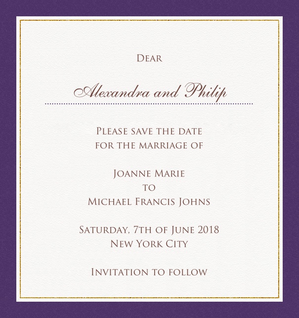 High White Formal Wedding Party Save the Date Card with Red Border. Purple.