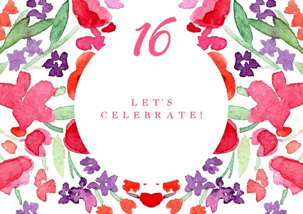 Colorful watercolor painted card for 16th Birthday invitations online.