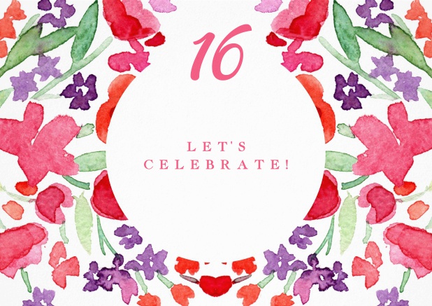 Colorful watercolor painted card for 16th birthday invitations