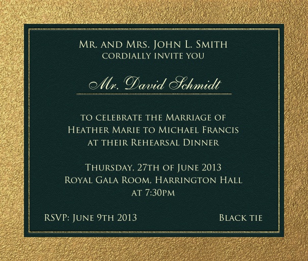 Black, classic Party Invitation with gold border.