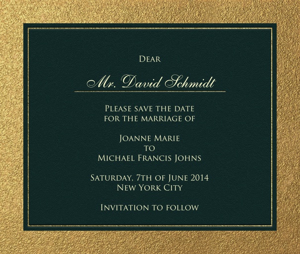 Black Formal Cocktail Party Save the Date Card with Gold Border.