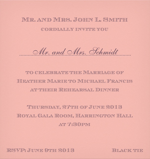 Pink classic Wedding Invitation Card with text box and space for recipient names.