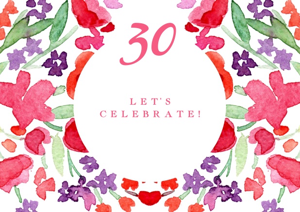 Colorful watercolor painted card for 30th Birthday invitations online.