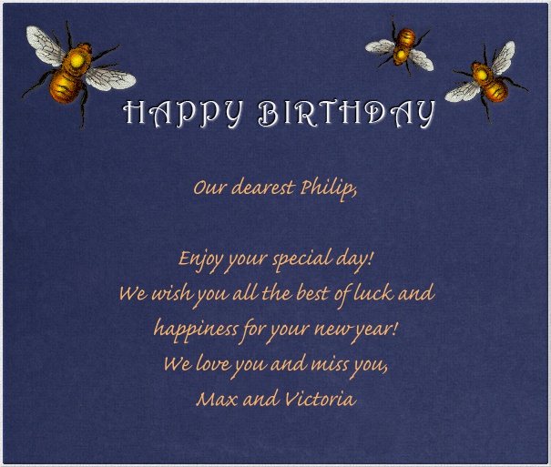 Blaue Online Karte mit Happy Birthday Text und goldenen Bienen.