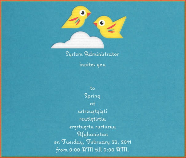Blue card with orange frame and two yellow birds and a cloud top middle customizable for online invitations.