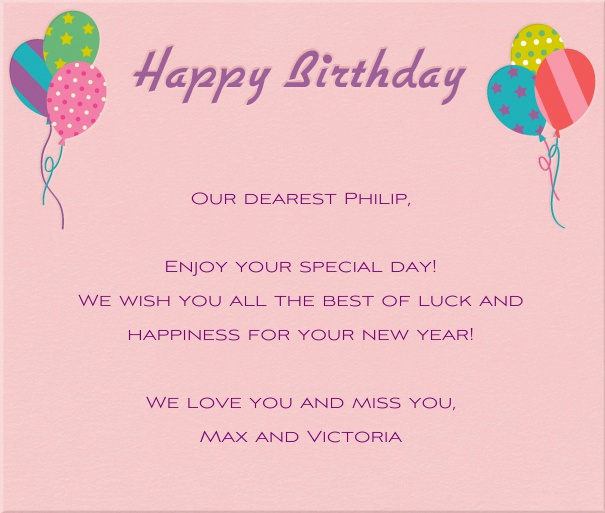 Rosa Online Karte mit Happy Birthday Text und Ballons.