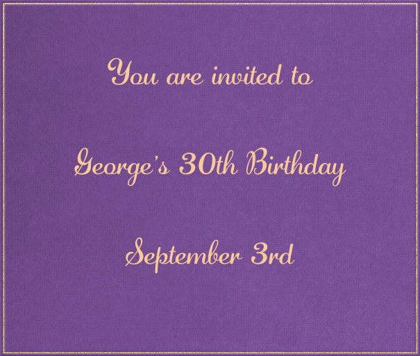 Purple card with golden frame and matching fonts, which can be customized for online invitations