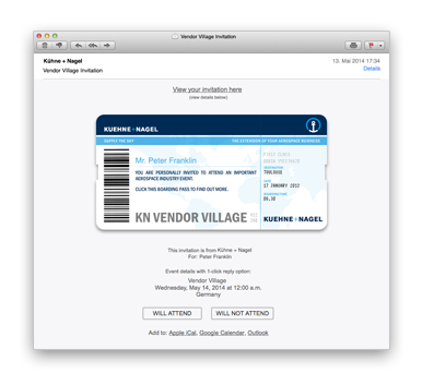 Online invitation example of a tailormade sending with designed card send directly in email. Card is designed as a plane ticket and includes Kühne & Nagel Logo and invitation information. Event website, used for replying, includes company logo and further information. Online invitation example of a tailormade sending with designed card send directly in email. Card is designed as a plane ticket and includes Kühne & Nagel Logo and invitation information. Event website, used for replying, includes company logo and further information.