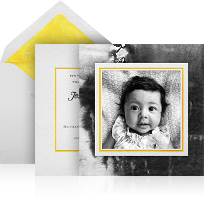 Online Geburtsanzeige mit Fotokarte und animiertem Umschlag.