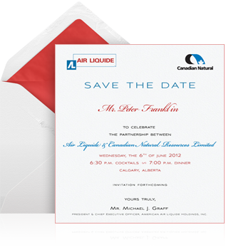 Online Corporate save the date example sending with white envelope and card designed by the EventKingdom design team, showing a Air Liquide save the date with 2 logos and personal addressing of recipients on card.