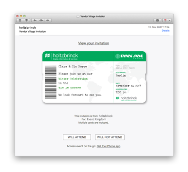 Online invitation with tailormade design sent in email. Card is designed to look like a boarding pass.