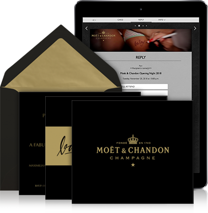 Online Einladung Beispiel von Moet Chandon mit Anrede, Musik, schwarzen Karten und Umschlag.