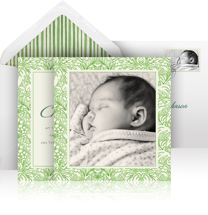 Online Christening invitation example with 2 green floral designer cards including a cover card for the photo and a 2nd card for the text.